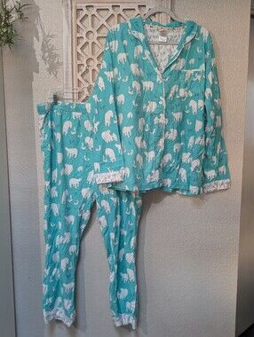 Munki Munki Flannel Pajamas Set Teal White Polar Bears Foxes Size XXL Soft Comfy
